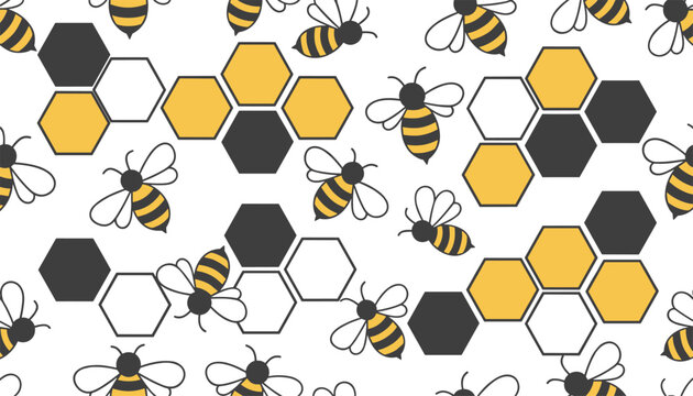 Seamless pattern of honeybees and hexagonal honeycomb shapes in yellow, black, and white for a natural apiary or nature design.