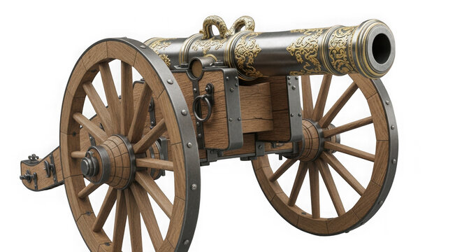 Old vintage metal cannon with wooden wheels for historical military use isolated on transparent background