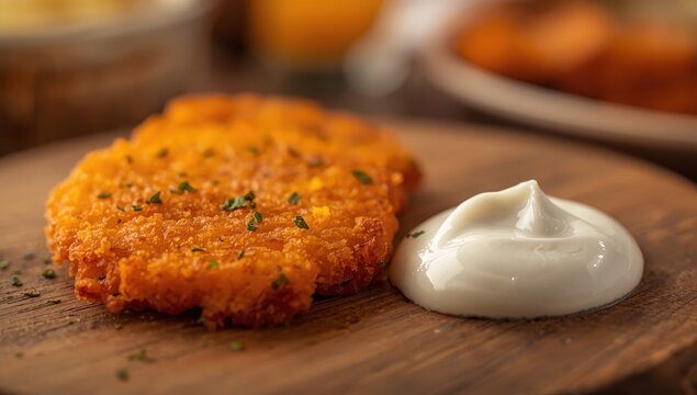 Closeup of sweet potato hash browns with sour cream on a plate. Vertical.