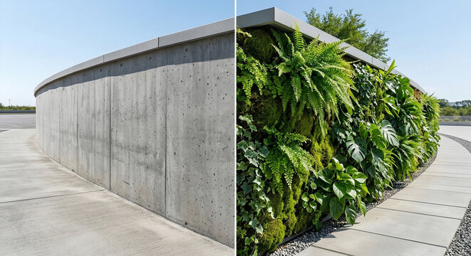Lush Green Living Wall Versus Plain Concrete Building Exterior