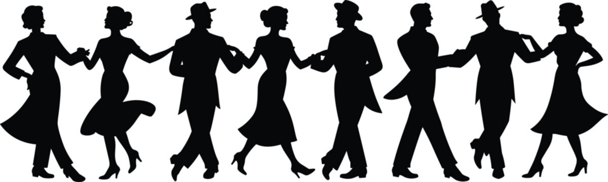 Black silhouettes of couples dancing in a row, vintage ballroom dance poses, isolated on a white background, set
