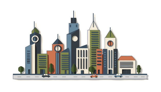 Modern city skyline with various colorful buildings, clocks, and trees along a paved road with cars against white background.