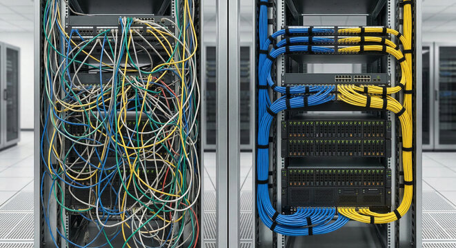Organized Versus Disorganized Network Server Rack Cables in Data Center