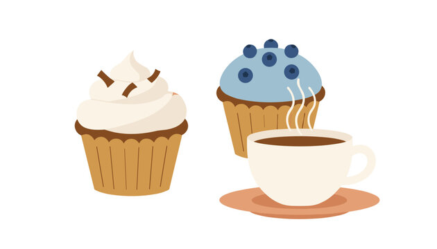 Delicious cupcake with chocolate shavings and a blueberry muffin served next to a steaming hot cup of coffee on a soft background.