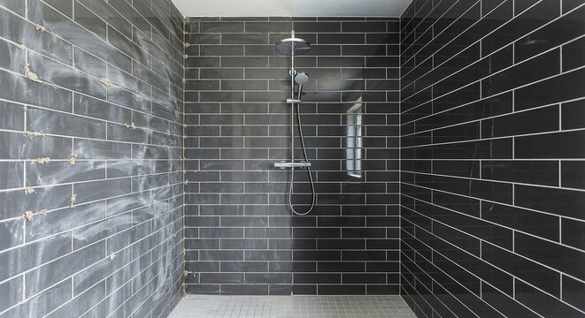 Modern Bathroom Shower Renovation Progress with Black Tiles