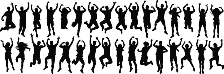 Fototapeta premium Large collection of happy people silhouettes jumping and celebrating isolated on a white background, for success and, joy themed concepts