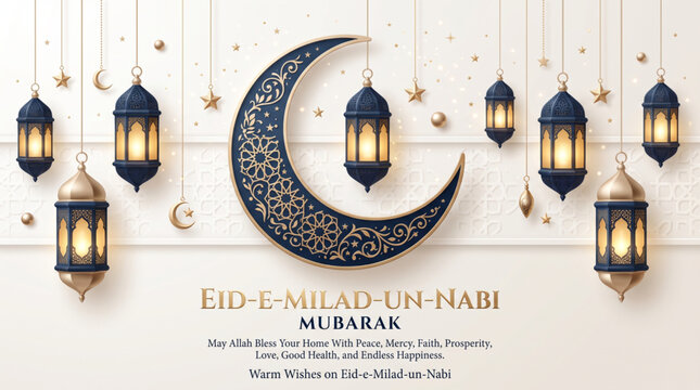 Elegant Eid e Milad un Nabi Mubarak Background with Islamic Crescent Moon and Hanging Lanterns Greeting Banner