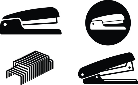 Office Stapler and Metal Staples Silhouette Icon Set with Closed Open and Circle Button Layout Graphic Elements for School Stationery Supply Designs