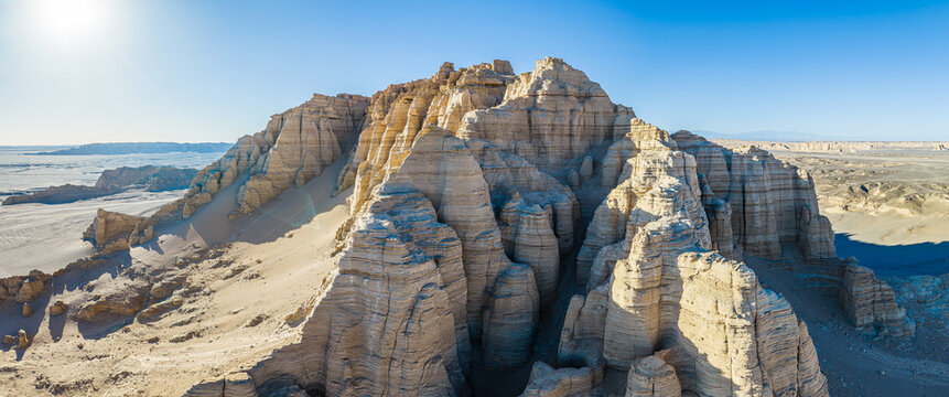 Aerial view of majestic yardang landforms in the Gobi Desert, Dahai Dao, Xinjiang, China
