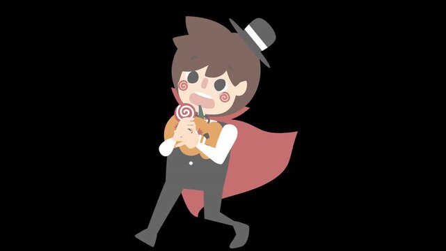 animated video happy halloween holiday festival with boy wearing vampire dracula costume holding pumpkin, candy and candy corn, overlay transparent prores 4444 4K
