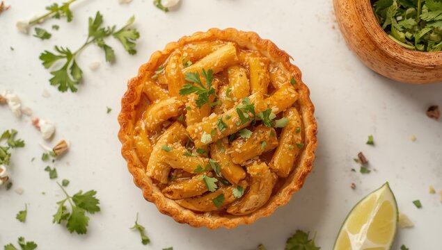 Common Brazilian starter known as Palmito Pie. Overhead view. Blank area.