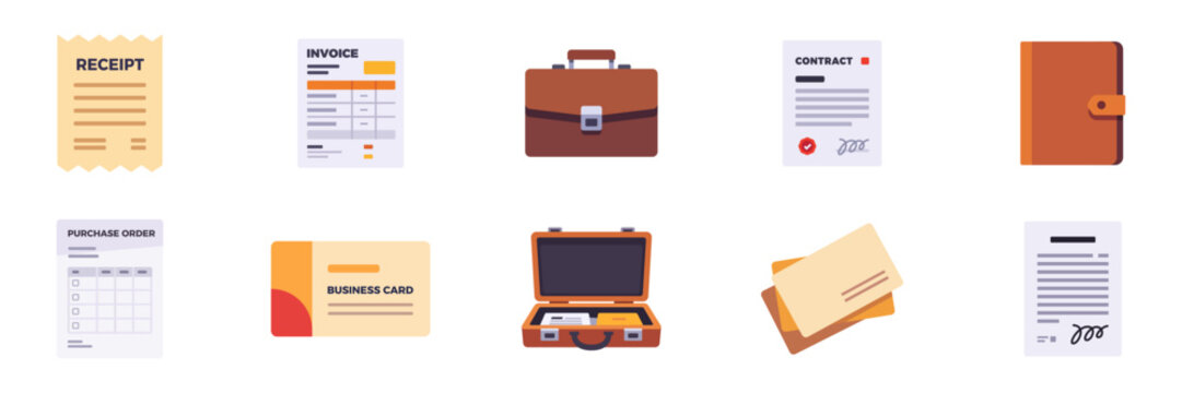 Set of business document and office organization icons with briefcases, cards, contracts, invoices, receipts, purchase forms, and portfolio folders, colorful collection with illustrations