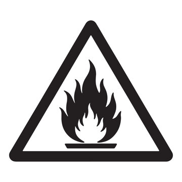Black fire triangle warning icon with flame inside Vector