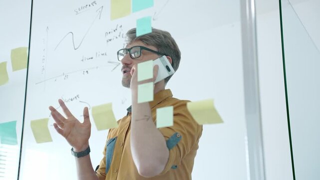 Smiling businessman on a phone call mapping ideas on a glass wall with colorful sticky notes, organizing tasks and brainstorming strategy in a modern office for project planning