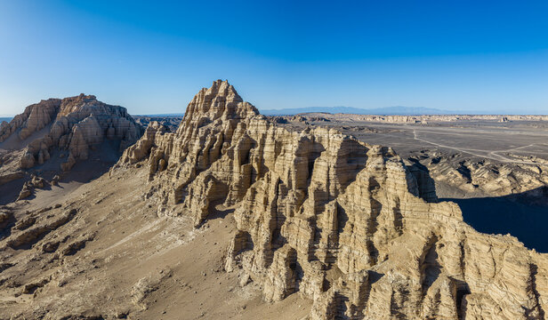 Aerial view of majestic yardang landforms in the Gobi Desert, Dahai Dao, Xinjiang, China