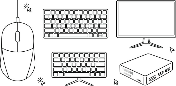 Computer Hardware and Mini PC Line Art Icon Set with Monitor Keyboard Wired Mouse and Cursor Arrow Elements for Tech Website Interface Graphic Designs