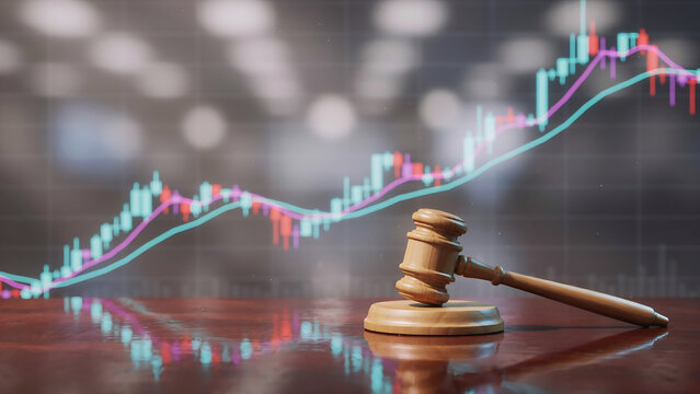Judge gavel on table with stock market graph background