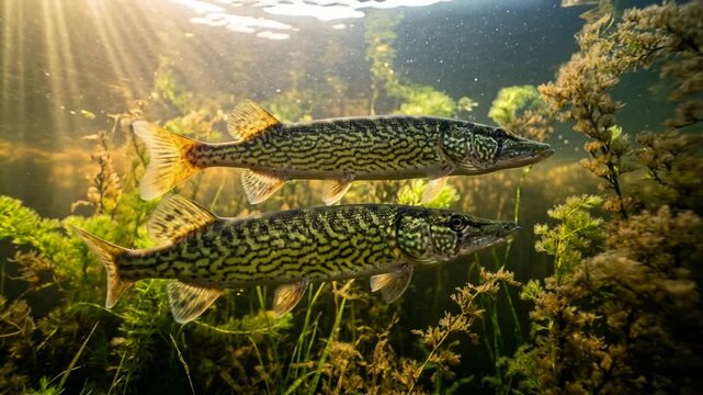 two chain pickerel fish underwater close up in everglades national park florida usa