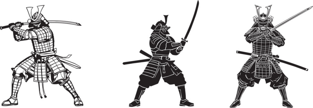 Three samurai warriors holding swords in battle stances