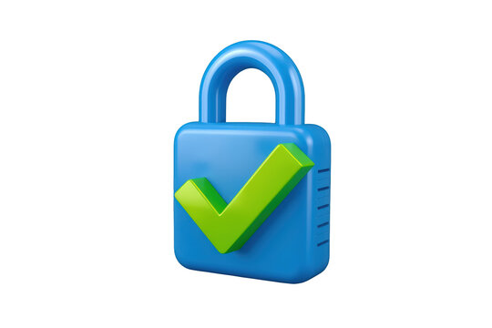 Blue locked padlock 3d icon with green check mark for online security, data protection, and verified privacy