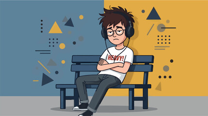 Cartoon Boy with Messy Dark Hair, Round Glasses and Headphones Wearing White Shirt, Creative Studio Background with Copy Space, Vector Illustration
