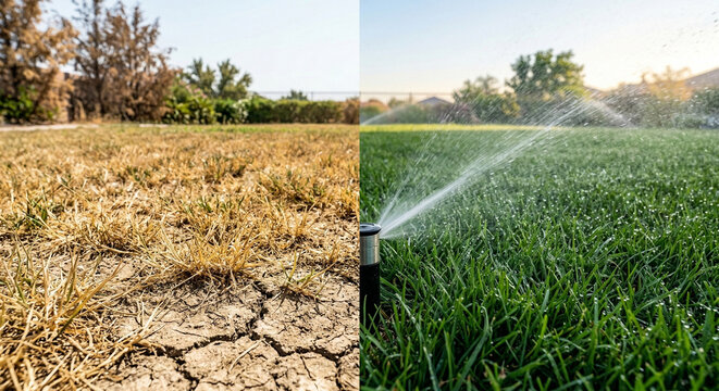 Before and After Transformation of Dry Grass by a Sprinkler