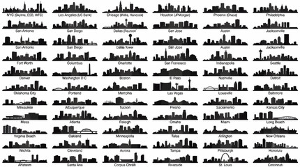 Collage of United States City Skyline Silhouettes, Flat Black Vector Icons of Major American Urban Landscapes, Set of Isolated Metropolitan Buildings for Architecture and Travel Design Projects © Adi