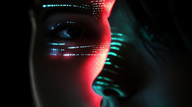 Abstract digital scan of a human face illuminated with vibrant red and cyan light, representing futuristic technology and data visualization