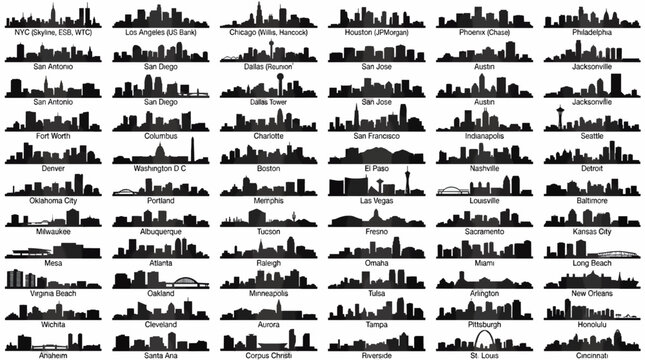 Collage of United States City Skyline Silhouettes, Flat Black Vector Icons of Major American Urban Landscapes, Set of Isolated Metropolitan Buildings for Architecture and Travel Design Projects