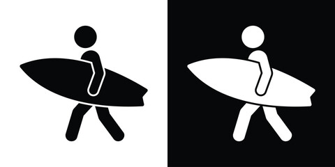 Obraz premium Stick figure vector icon of a person walking with a surfboard. Available in black and white styles, symbolizing surfing, summer sports, beach vacation, and active recreation.