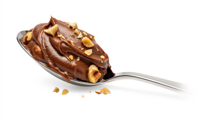 Fototapeta premium Chocolate hazelnut spread on spoon with nuts during studio lighting concept for dessert advertising Isolated on transparent background