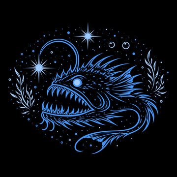 Tiefsee Anglerfisch (Seeteufel) mit Mond und Sternen als mystische Vektor Illustration