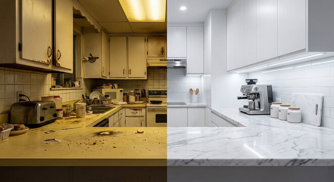 Before After Comparison of Dirty Old and Clean Modern Kitchen Renovation