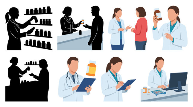 Professional vector collection featuring different pharmacist poses, organizing medicine shelves, dispensing prescriptions, consulting customer, holding medicine bottle, checking medication