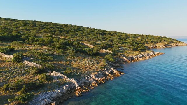 Aerial View of the Rocky Coast of Krk Island with Sparse Mediterranean Vegetation, Croatia