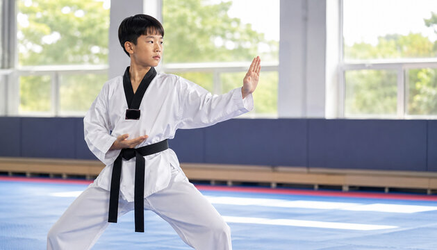 A child practicing Taekwondo poomsae poses on their own