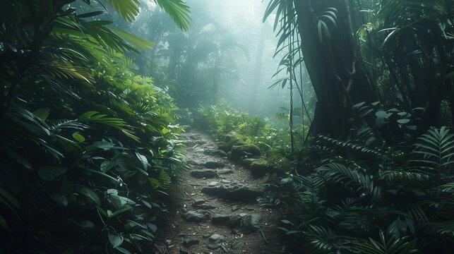 Tropical jungle path with mist, adventure exploration mood.