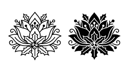 Floral Mandala Ornament: Two stylized floral mandala designs, one outlined and one filled, featuring intricate petal patterns and berry accents, evoking a sense of symmetry and natural beauty. © Hasem