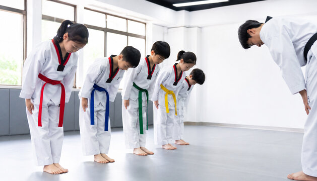 Group greeting before the start of the taekwondo class