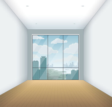 Empty modern apartment interior. Minimalist space with white walls and without any furniture. Contemporary studio with a huge window offering a panoramic view. Vector illustration.