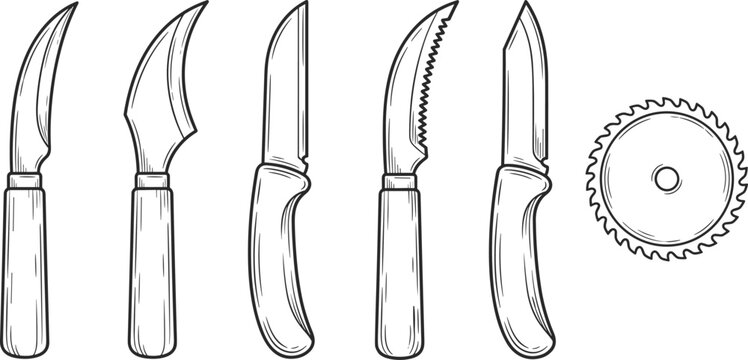 Specialty knife collection outline, carving and utility cutting tools, kitchen blade illustrations, vector bundle set