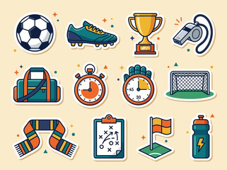 Soccer Football Equipment Icon Sticker Set with Ball Trophy Cleat and Goal © Jugel
