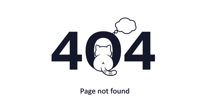 Minimalist 404 page not found error illustration featuring a cute white cat viewed from behind with a fluffy thought bubble.