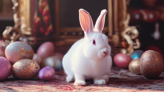 White rabbit sitting among colorful glittery Easter eggs. Festive holiday scene with a bunny on a patterned rug. Traditional Easter celebration concept