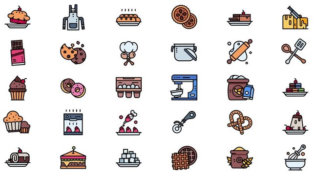 A colorful collection of baking and dessert icons featuring various sweet treats, kitchen utensils, ingredients, and pastry-making equipment.