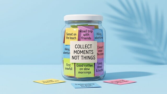 Collect Moments Not Things concept with memory jar