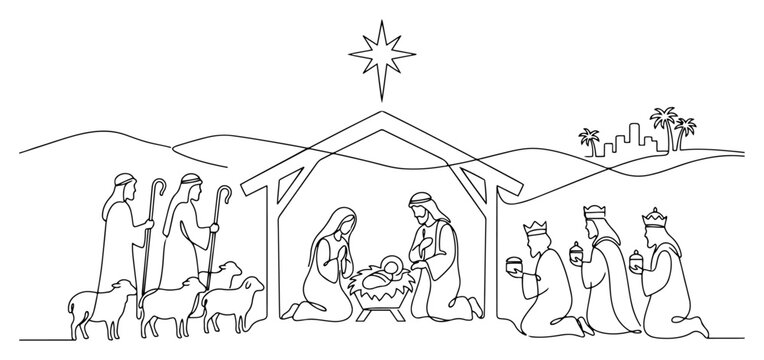 Nativity scene with holy family and three wise men in continuous line drawing style