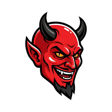 A vibrant red devil mascot head with sharp horns and a sinister grin.