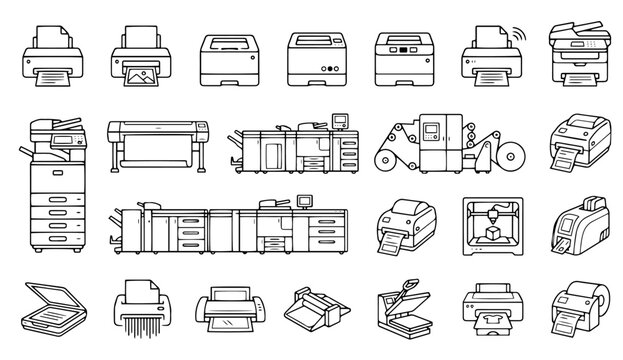 Printer scanner copier line icon set office machine equipment vector