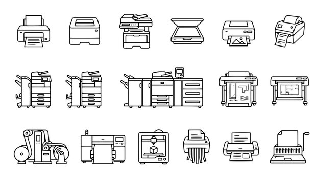 Printer and office machine outline vector set with printing and scanning equipment.